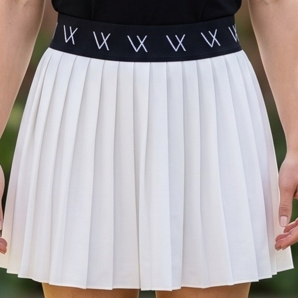 Vieux Jeu White Pleated Tennis Skirt Black Logo Elastic Waistband Athletic